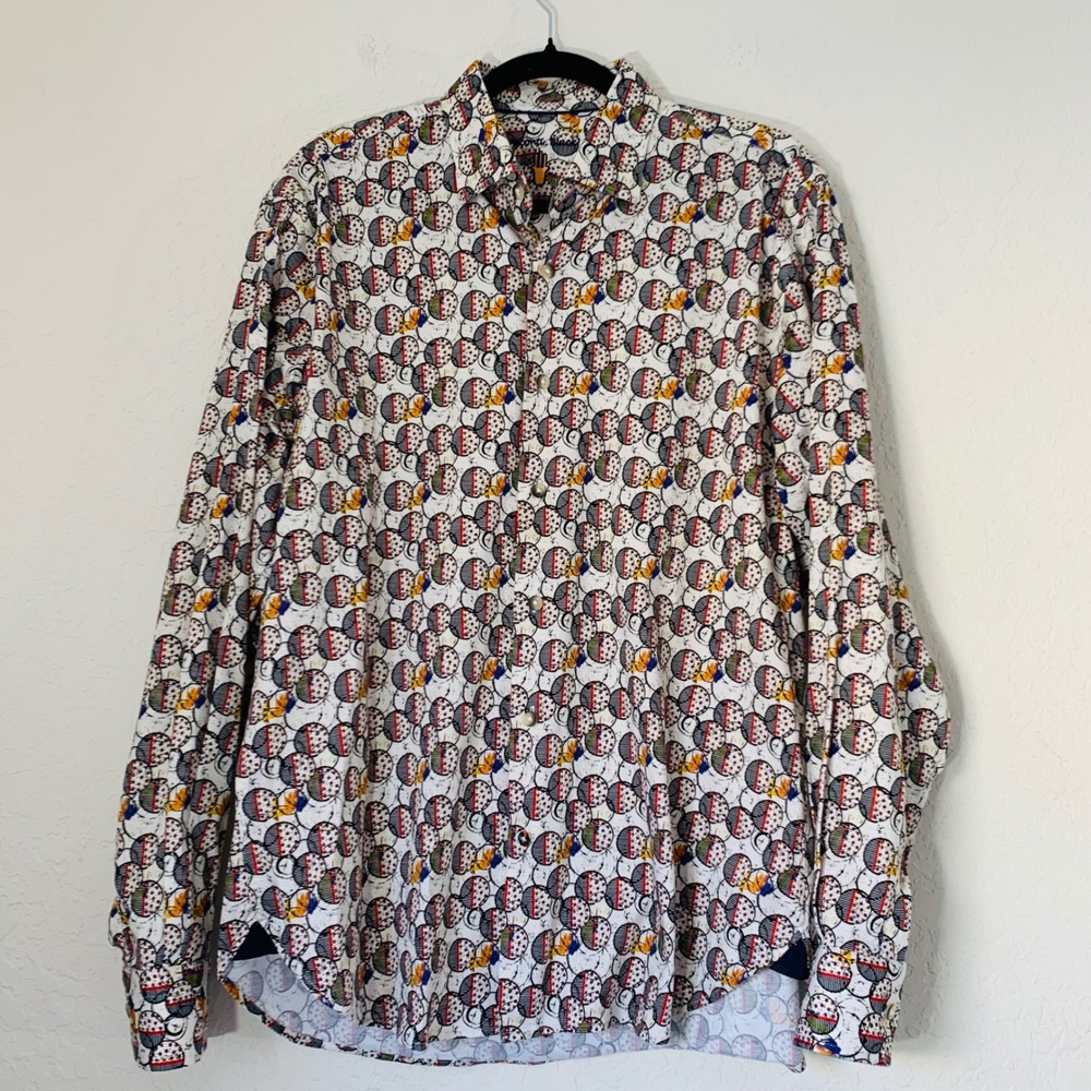 Visconti Black Button Down Shirt Men L White Geometric Circle Art Funky Colorful